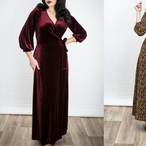 EUC - Heart of Haute Rhea Dress Burgundy Velvet Red Wine Wrap Maxi Pinup Retro